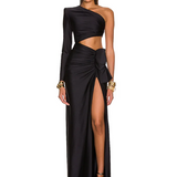 Black Inclined Shoulder High Split Draped Maxi Dress