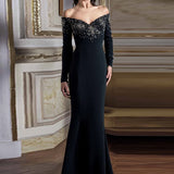 Diamonds Beaded Slash Neck Off The Shoulders Maxi Dress