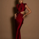 Hollow Out Turtleneck Solid Maxi Dress