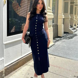 Knit Maxi Dress with Pockets Button-Front