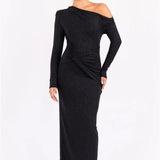 Long Sleeve Inclined Shoulder Maxi Dress