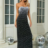 Black Strapless Pearls Beaded Embellished Maxi Dress