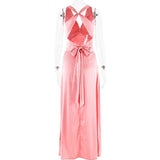 V Neck Sleeveless Satin Bow Backless Maxi Dress