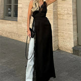 Lace Satin Patchwork High Split Maxi Dress