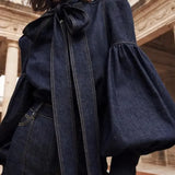 Denim Puff Sleeve High Neck Top