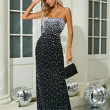 Black Strapless Pearls Beaded Embellished Maxi Dress