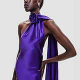 Purple Satin Halter Neck 3D Flower Scarf Maxi Dress