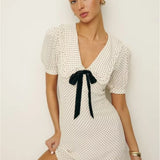 Short Puff Sleeve Bow Detail Dots Print Mini Dress