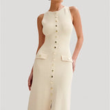 Knit Maxi Dress with Pockets Button-Front