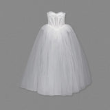 Strapless Mesh White A Line Maxi Long Dress
