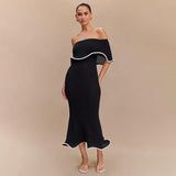 Strapless Ruffles Black Midi Dress