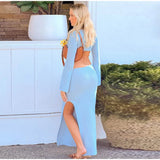 Knitted Hollow Out Solid O-neck Slit Maxi Dress