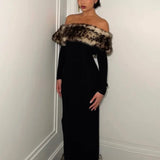 Leopard Print Fluff Splicing Maxi Dress