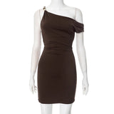 Beaded Asymmetric Slant Neck Mini Dress
