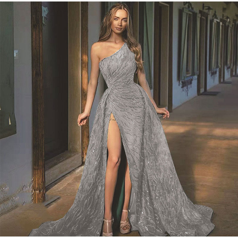 Sequin Off Shoulder High Split Inclined Shoulder Dress