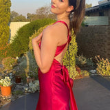 V Neck Sleeveless Satin Bow Backless Maxi Dress