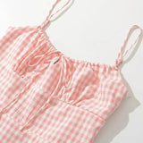 Spaghetti Strap Tie Up Plaid Pink Midi Dress