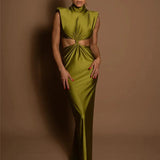 Hollow Out Turtleneck Solid Maxi Dress