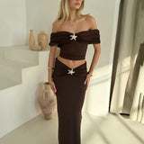 Off-shoulder Tops Thigh Split Long Skirt Two Pieces Sets