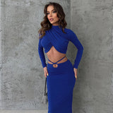 Long Sleeve Lace-up Crop Top And Long Skirt Suit