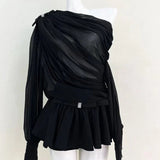 Skew Collar Lantern Sleeve Bowknot Mini Skirt Suit