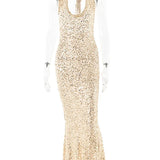 Open Back Sequins Sparkling Halter Maxi Dress