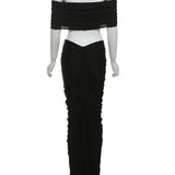 Solid Slash Neck Ankle-Length Skirt Suit