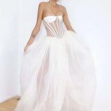 Strapless Mesh White A Line Maxi Long Dress