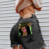 Women's High Street INS Net Red Playful Girl Pattern Printed Denim Shorts