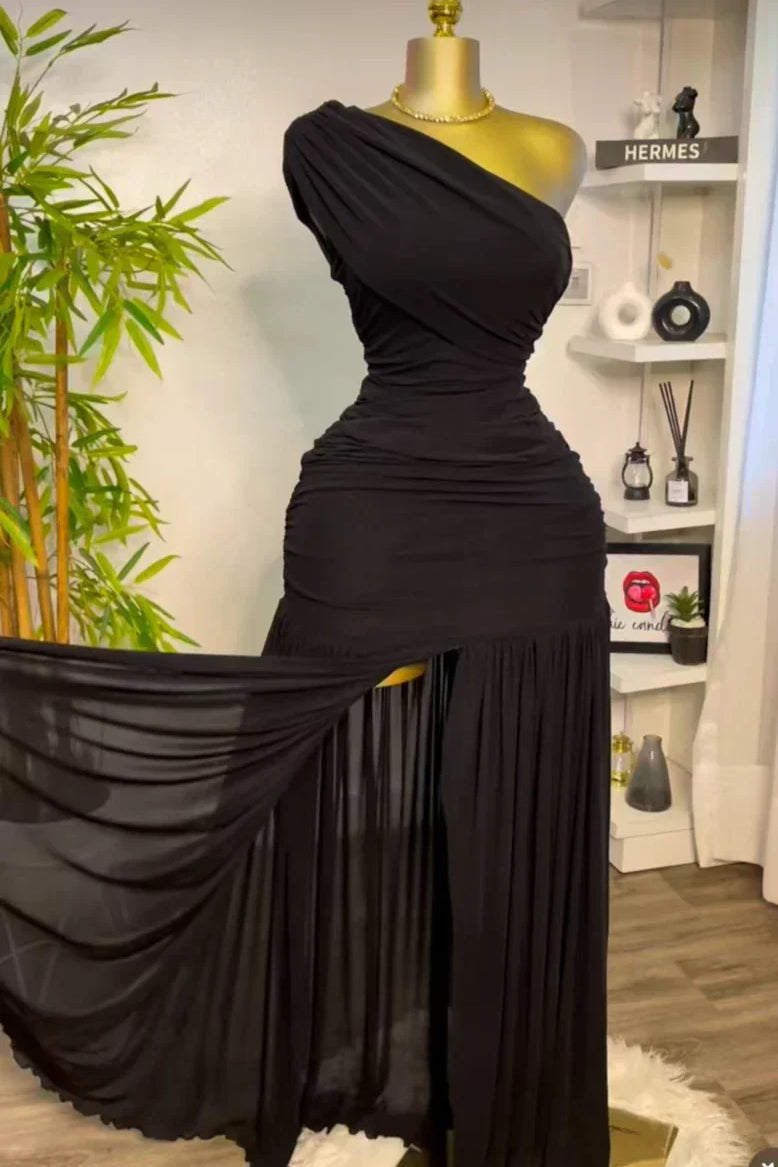 One Shoulder Mesh Solid Maxi Dress