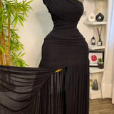 One Shoulder Mesh Solid Maxi Dress