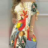 Women Off Shoulder Summer Mini Dress Short Sleeve Bow Tie Striped Plaid Floral Vestidos