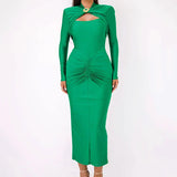 Long Sleeved Pleated Hollowed Out Maxi Dress