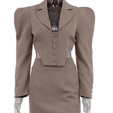 Turn-down Collar Khaki Long Sleeve Blazer Mini Skirt Suit