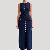 Knit Maxi Dress with Pockets Button-Front
