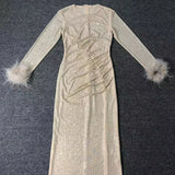 Long Sleeve Feathers Rhinestone Midi Dress