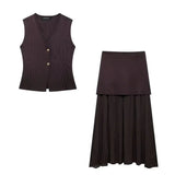 Button Knit Top Side Zipper Skirt Suit