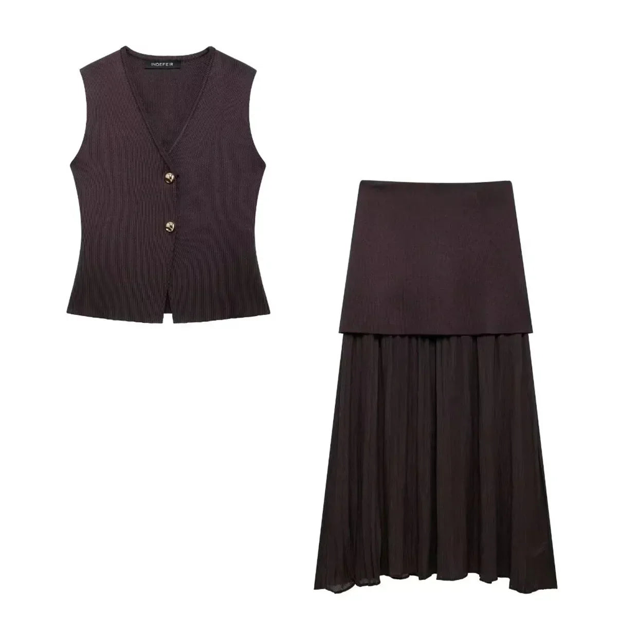 Button Knit Top Side Zipper Skirt Suit