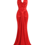 Swinging Collar Backless Pleated Red Stain Maxi Dress