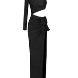 Black Inclined Shoulder High Split Draped Maxi Dress