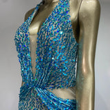Halter Blue Sequins Sparkly Glitter Maxi Dress