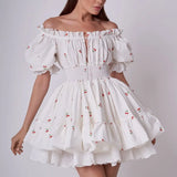 Print Puff Sleeve Ruffles Lace-up  Mini Dress