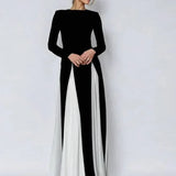 Pleated Patchwork Long Sleeve  Maxi Dress