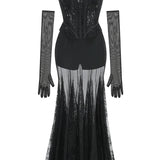 Lace Corset Patchwork Skirt And Gloves Set