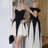 Spaghetti Strap Patchwork Contrast Color Mini Dress