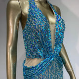 Halter Blue Sequins Sparkly Glitter Maxi Dress