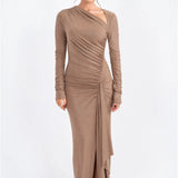 Long Sleeve Ruched Maxi Dress with Thigh-High Split