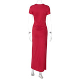Solid Short Sleeve Ruched Maxi Dress