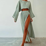 Linen Flare Sleeve Top & Slit Skirt Set