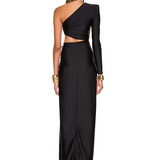 Black Inclined Shoulder High Split Draped Maxi Dress